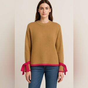 JOA Just One Answer Women’s Small Camel Sweater Pink Trim Bow Sleeve Detail Knit